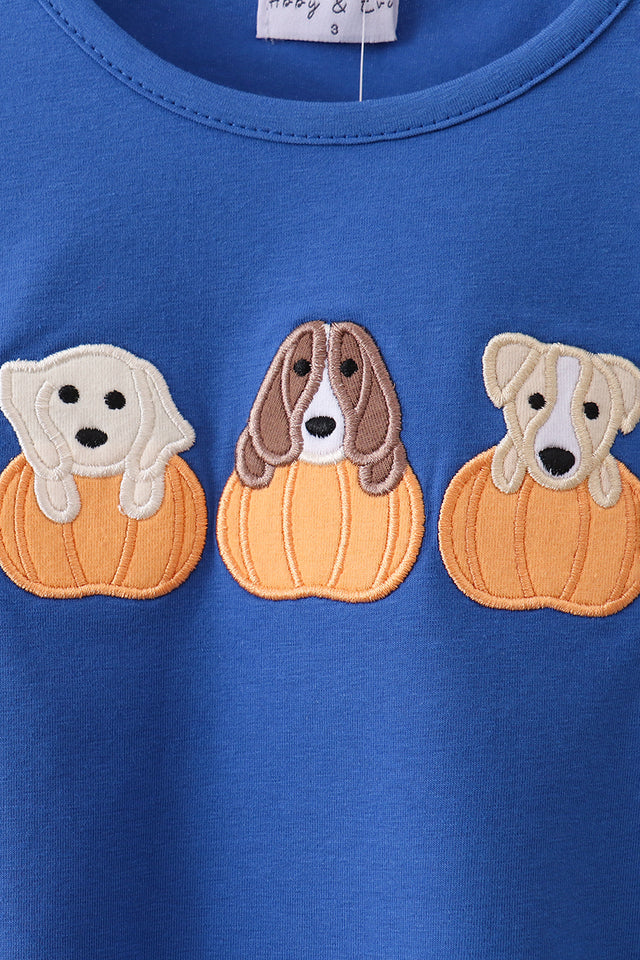 Royal Blue Pup Pumpkin Embroidery Top