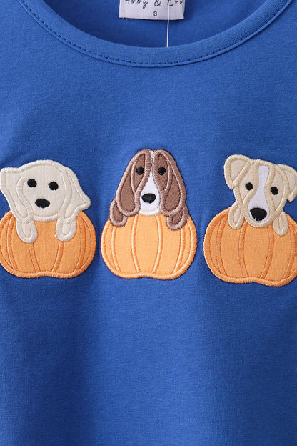 Royal Blue Pup Pumpkin Embroidery Top