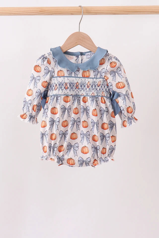 Blue Pumpkin Bow Smocked Ruffle Bubble