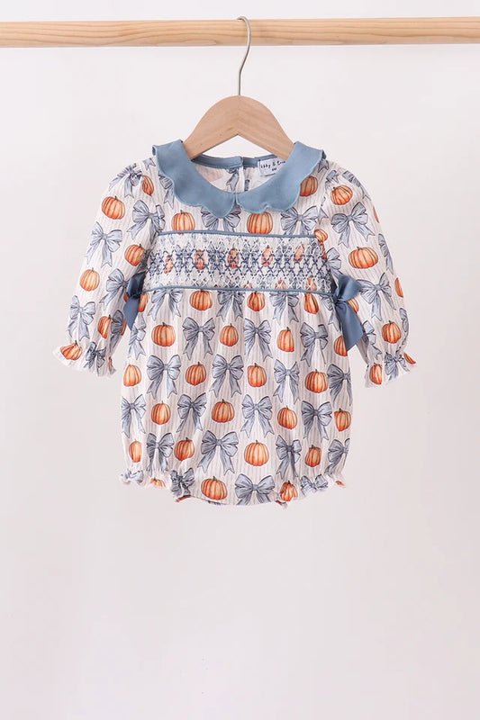 Blue Pumpkin Bow Smocked Ruffle Bubble