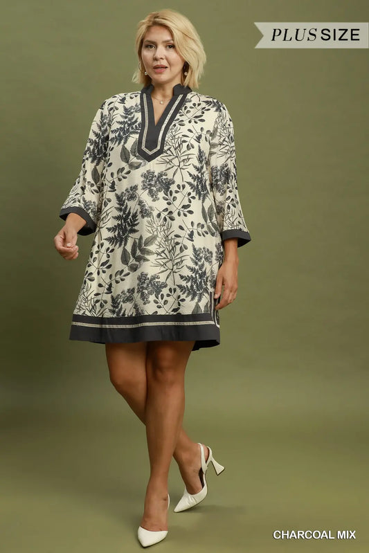 Toile Like Floral Contrast Trim Dress