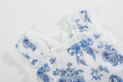 Blue and White Print Apron Ruffle Romper