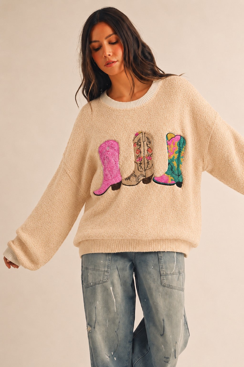 Wildflower Rodeo Boots Patchwork Knit Sweater