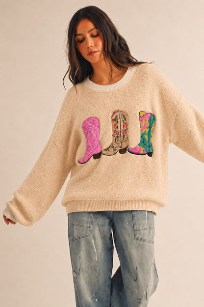 Wildflower Rodeo Boots Patchwork Knit Sweater