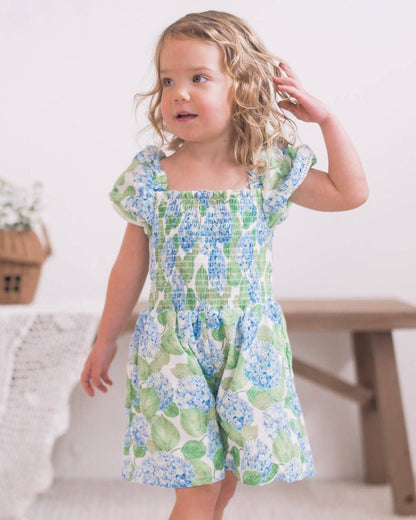 Girls Spring Smocked Romper - Blue Hydrangeas