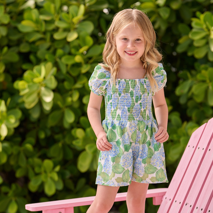 Girls Spring Smocked Romper - Blue Hydrangeas