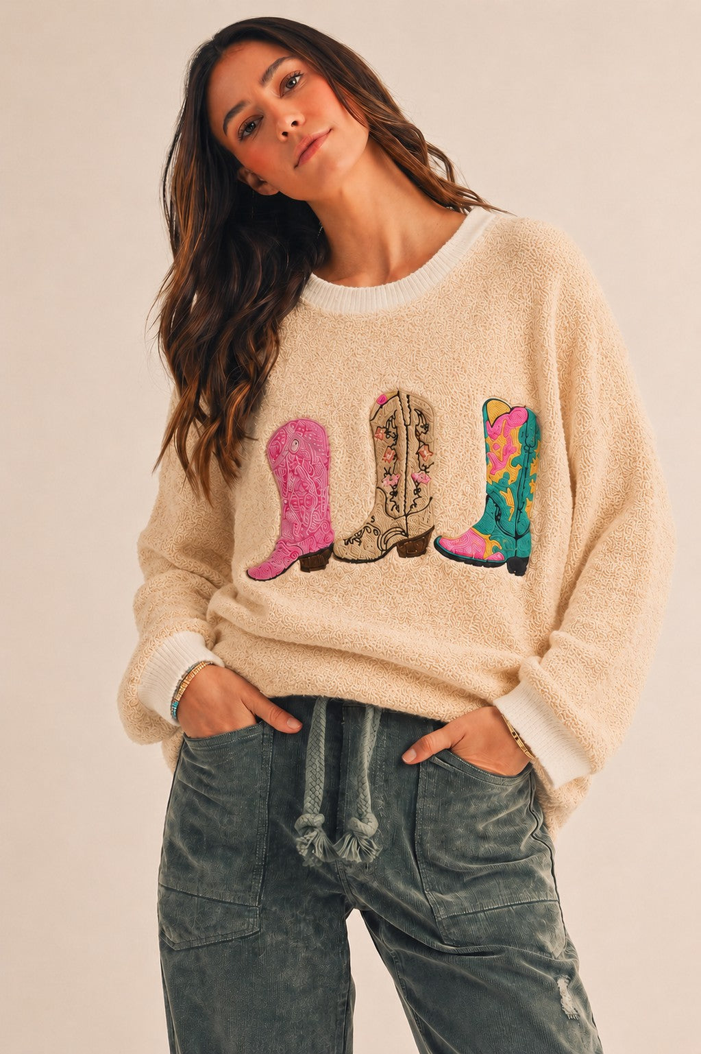 Wildflower Rodeo Boots Patchwork Knit Sweater